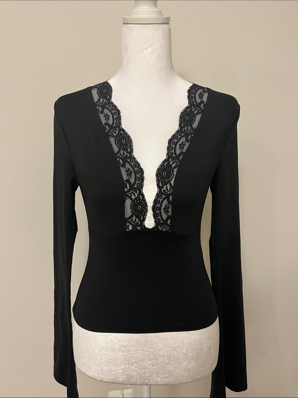 Edikted Black Lace-Trim Deep V Long Sleeve Top